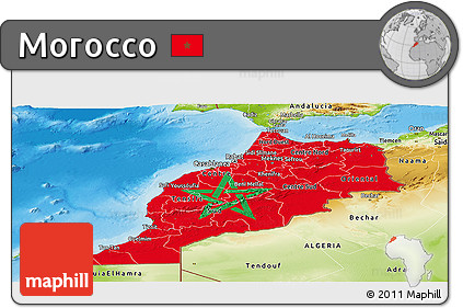 Flag Panoramic Map of Morocco, physical outside, flag centered