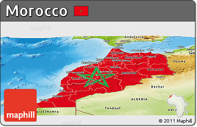 Flag Panoramic Map of Morocco, physical outside, flag centered