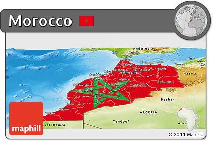 Flag Panoramic Map of Morocco, physical outside, flag aligned to the middle