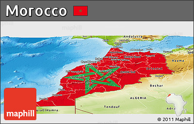 Flag Panoramic Map of Morocco, physical outside, flag aligned to the middle