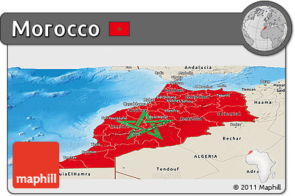 Flag Panoramic Map of Morocco, shaded relief outside, flag centered