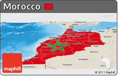 Flag Panoramic Map of Morocco, shaded relief outside, flag centered