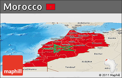 Flag Panoramic Map of Morocco, shaded relief outside, flag rotated