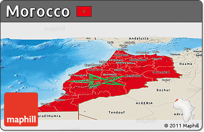 Flag Panoramic Map of Morocco, shaded relief outside, flag rotated
