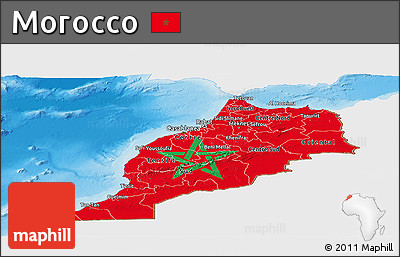 Flag Panoramic Map of Morocco, single color outside, shaded relief sea