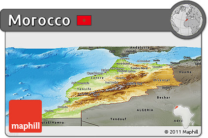 Physical Panoramic Map of Morocco, darken, semi-desaturated, land only