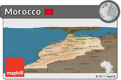 Satellite Panoramic Map of Morocco, darken, land only