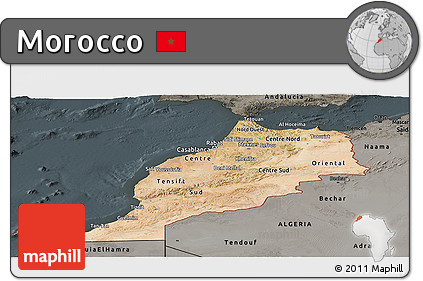 Satellite Panoramic Map of Morocco, darken, semi-desaturated