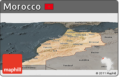 Satellite Panoramic Map of Morocco, darken, semi-desaturated
