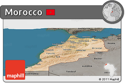 Satellite Panoramic Map of Morocco, darken, semi-desaturated, land only