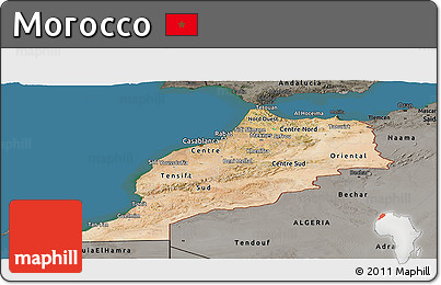 Satellite Panoramic Map of Morocco, darken, semi-desaturated, land only