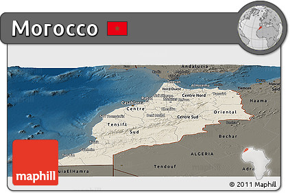 Shaded Relief Panoramic Map of Morocco, darken