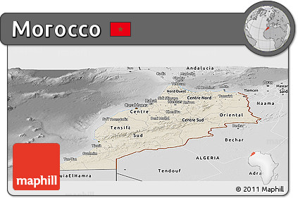 Shaded Relief Panoramic Map of Morocco, desaturated