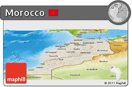 Shaded Relief Panoramic Map of Morocco, physical outside