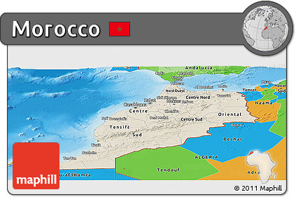 Shaded Relief Panoramic Map of Morocco, political outside, shaded relief sea
