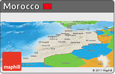 Shaded Relief Panoramic Map of Morocco, political outside, shaded relief sea