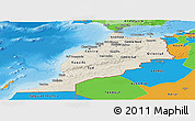 Shaded Relief Panoramic Map of Morocco, political outside, shaded relief sea