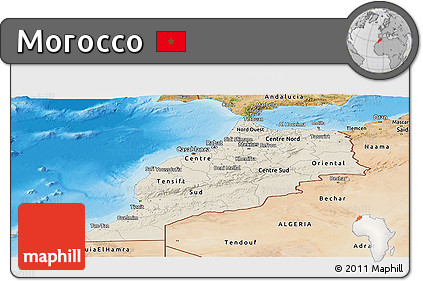 Shaded Relief Panoramic Map of Morocco, satellite outside, shaded relief sea