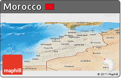 Shaded Relief Panoramic Map of Morocco, satellite outside, shaded relief sea
