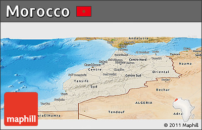 Shaded Relief Panoramic Map of Morocco, satellite outside, shaded relief sea