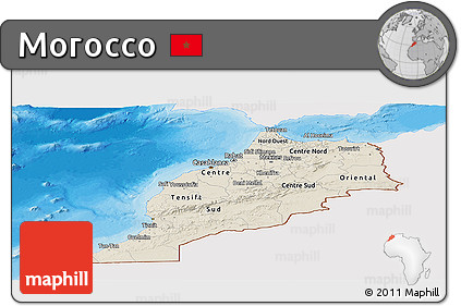 Shaded Relief Panoramic Map of Morocco, single color outside, bathymetry sea, shaded relief sea