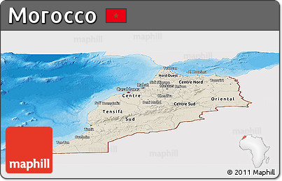 Shaded Relief Panoramic Map of Morocco, single color outside, bathymetry sea, shaded relief sea