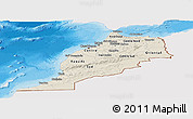 Shaded Relief Panoramic Map of Morocco, single color outside, bathymetry sea, shaded relief sea
