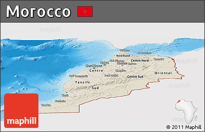 Shaded Relief Panoramic Map of Morocco, single color outside