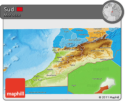 Physical 3D Map of Sud, political shades outside