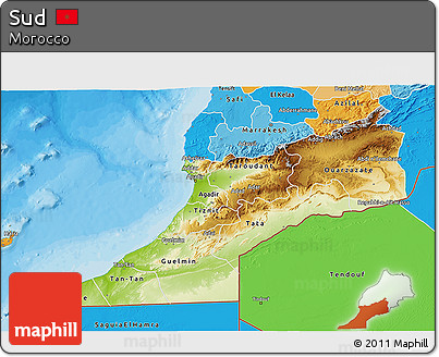 Physical 3D Map of Sud, political shades outside