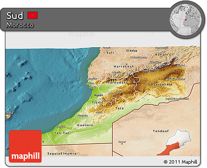 Physical 3D Map of Sud, satellite outside