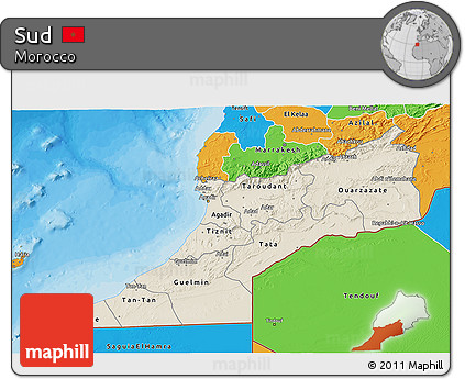 Shaded Relief 3D Map of Sud, political outside