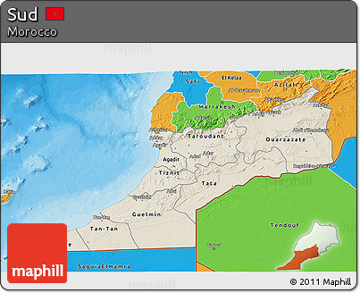 Shaded Relief 3D Map of Sud, political outside