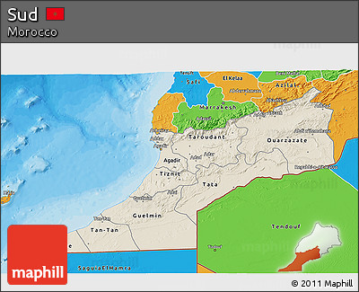 Shaded Relief 3D Map of Sud, political outside