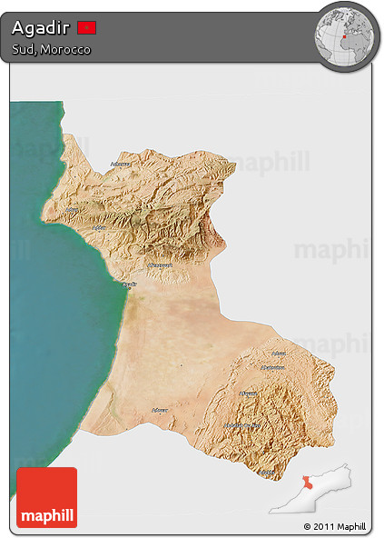 Satellite 3D Map of Agadir, single color outside