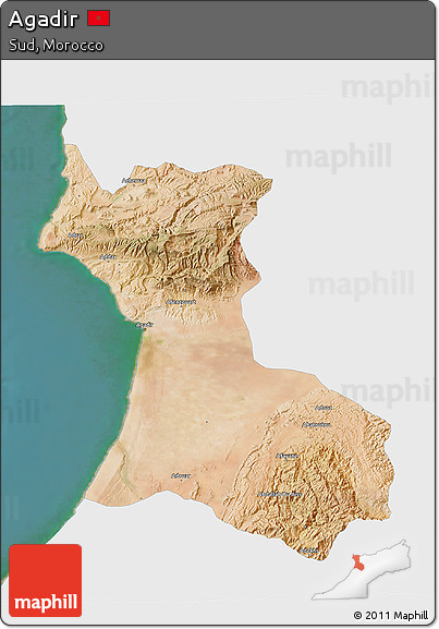Satellite 3D Map of Agadir, single color outside