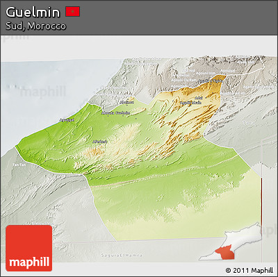 Physical 3D Map of Guelmin, lighten, semi-desaturated
