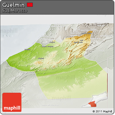 Physical 3D Map of Guelmin, lighten, semi-desaturated