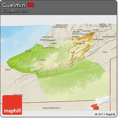 Physical 3D Map of Guelmin, shaded relief outside
