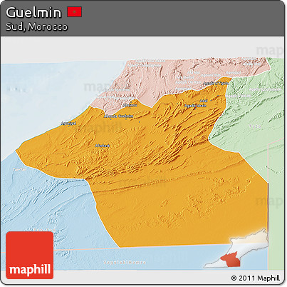 Political 3D Map of Guelmin, lighten