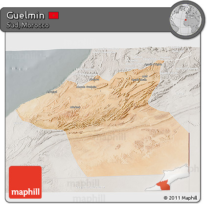 Satellite 3D Map of Guelmin, lighten, semi-desaturated