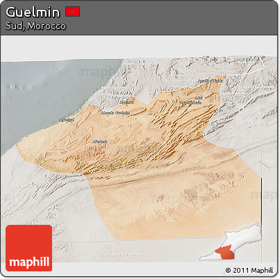 Satellite 3D Map of Guelmin, lighten, semi-desaturated