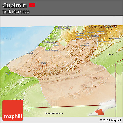 Satellite 3D Map of Guelmin, physical outside