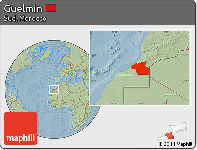 Savanna Style Location Map of Guelmin, hill shading