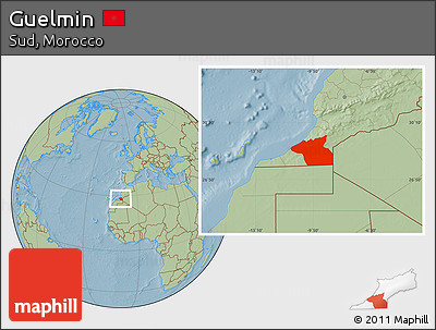 Savanna Style Location Map of Guelmin, hill shading