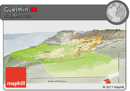 Physical Panoramic Map of Guelmin, semi-desaturated