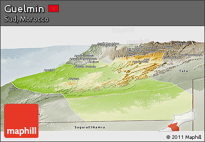 Physical Panoramic Map of Guelmin, semi-desaturated