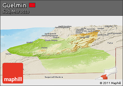 Physical Panoramic Map of Guelmin, shaded relief outside