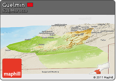 Physical Panoramic Map of Guelmin, shaded relief outside