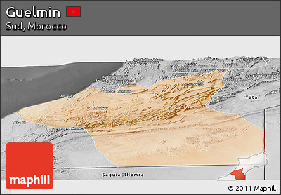 Satellite Panoramic Map of Guelmin, desaturated